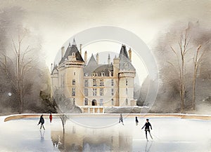 Skaters at the Pond in Front of the Historical Castle in Deep Park