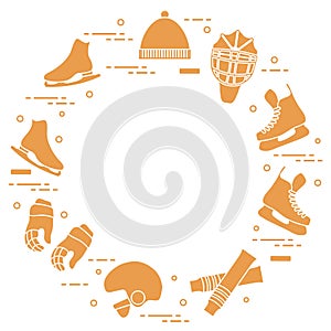 Skates, gloves, hat, goalkeeper`s mask and helmet, leggings. Winter sports elements