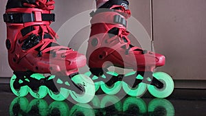Skates with photoluminescent wheels. When illuminated they catch the light and then glow in the dark photo