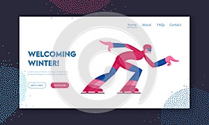 Skating Athlete Competing Website Landing Page. Speed Skater Woman Skating on Ice Rink, Short Track Race Skater