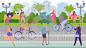 Skating cyclists in park near roadway, useful outdoor sports, people relax in city parkland, cartoon style vector