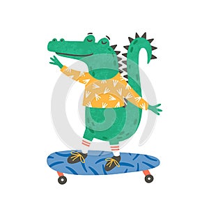 Skating little crocodile flat vector illustration. Smiling alligator, small cartoon crocodylus riding skateboard. Cute
