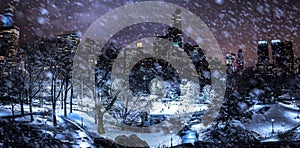 Skating in New York at night during snow