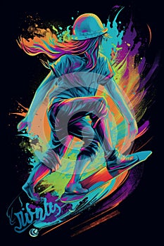 Skating through psychedelic colors on black background generative AI