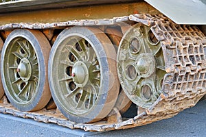 Skating rinks and caterpillar medium tank T-34 close-up