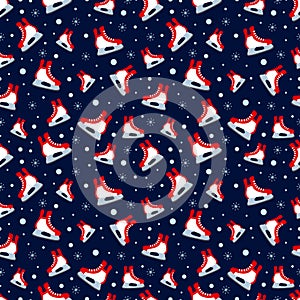 Skating seamless pattern. Winter sports vector illustration. Ice skates symbols on a dark background. Outdoors repeated