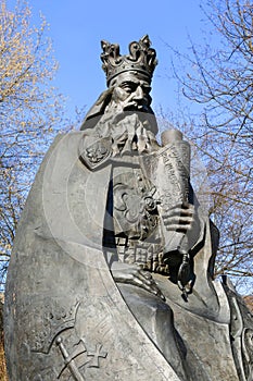 SKAWINA, POLAND - APRIL 02, 2017: Statue of polish king Casimir III the Great