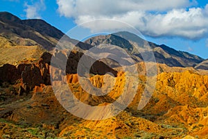 Yellow mountain valley canyon Skazka in Kirgyzstan photo