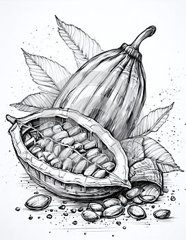 Skech of a sliced cocoa pod revealing beans, with a sprinkle of cocoa powder. Isolated on white background. Generative AI photo