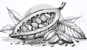 Skech of a sliced cocoa pod revealing beans, with a sprinkle of cocoa powder. Isolated on white background. Generative AI photo