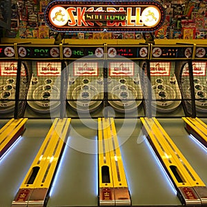 A Skee ball game sits vacant late at night