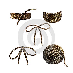 A skein, a bow and a knot of linen rope, a set of their natural jute twine. Isolated on white background. Watercolor