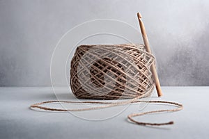 Skein of jute rope with wooden crochet hook