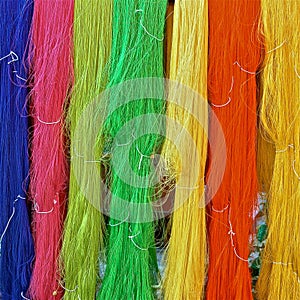 Skeins of dyed silk