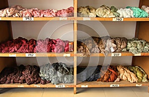 Skeins of dyed silk thread