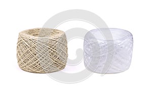 Skeins of Jute twine and white polypropylene twine isolated on a white backgound. Packthread isolated.Rope