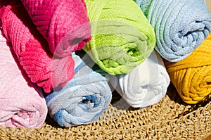 Skeins of multi-colored cords for weaving with macrame technique