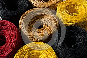 Skeins of multi-colored raffia. Eco material for handmade work