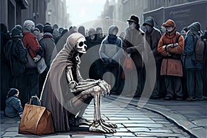 Skeletal beggar asking alms in a crowded crowd. AI Generated