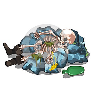 Skeletal corpse of a man lying on the stones isolated on white background. The skeleton of a human. Vector cartoon close