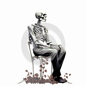 Skeletal Man Sitting On Chair: Detailed Illustration With Romantic Undertones
