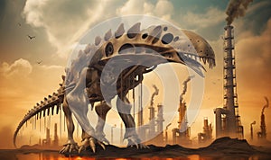 Skeletal remains of a dinosaur against industrial oil refineries, fossil fuels concept illustration