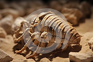 The skeletal remains of a longextinct trilobite its segmented body still glinting in the ancient sunlight.. AI