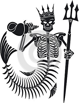 Skeleton of ancient god neptune, poseidon, holding sea shell and trident