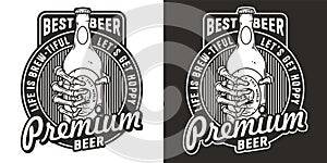 Skeleton with beer bottle in bone hand for design of label or poster. Brewery emblem, craft beer vector logo or print