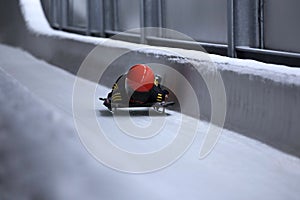 Skeleton bob sled in ice channel