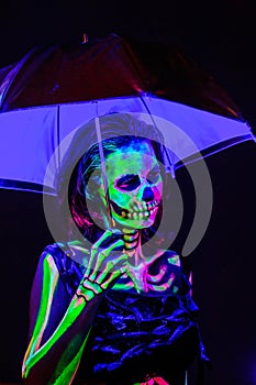 Skeleton bodyart with blacklight