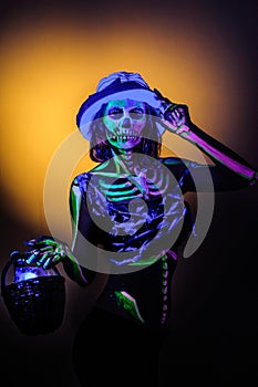 Skeleton bodyart with blacklight