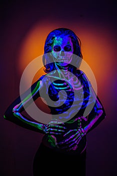 Skeleton bodyart with blacklight