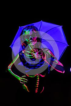 Skeleton bodyart with blacklight