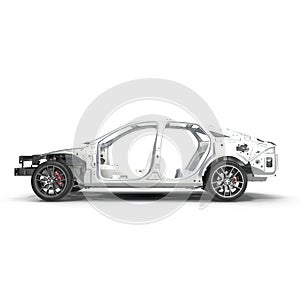 Skeleton of a car with Chassis on white. Side view. 3D illustration