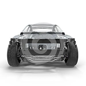 Skeleton of a car on white. Front view. 3D illustration