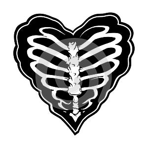 Skeleton chest bones showing heart shape. Heart rib cage in goth style illustration. Hand drawing illustration