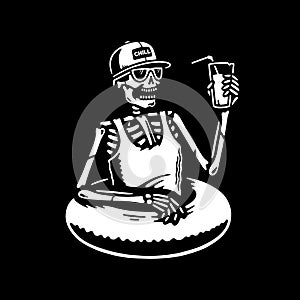SKELETON CHILLING WITH COCKTAIL AND SWIM RING