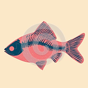 Skeleton of fish. Colorful cute screen printing effect. Riso print effect.