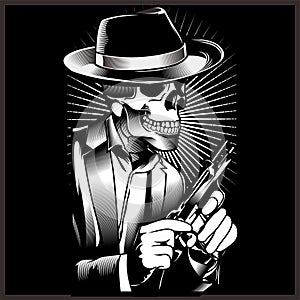 Skeleton gangster with revolvers in suit. Vector illustration