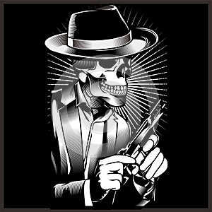 Skeleton gangster with revolvers in suit. Vector illustration photo