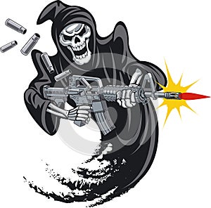 Skeleton grim reaper firing m16 assault rifle