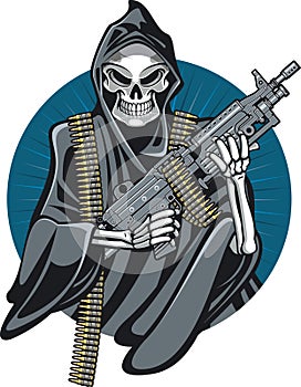 Skeleton grim reaper holding light machine gun