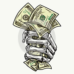 Skeleton hand in fist holding dollar bills