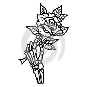 Skeleton hand holding beautiful rose