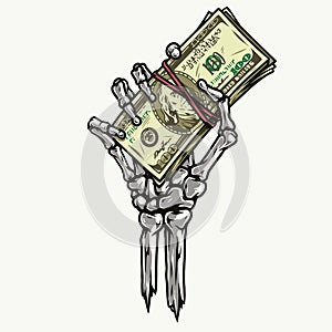 Skeleton hand holding dollar banknotes stack photo