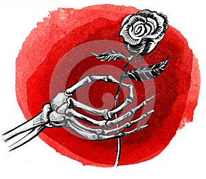 Skeleton hand holding a rose flower