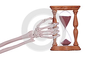 Skeleton hand holding sand timer