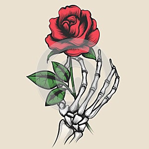 Skeleton hand with rose tattoo style