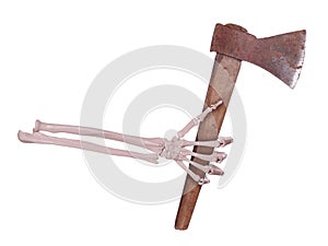 Skeleton hand with rusty axe